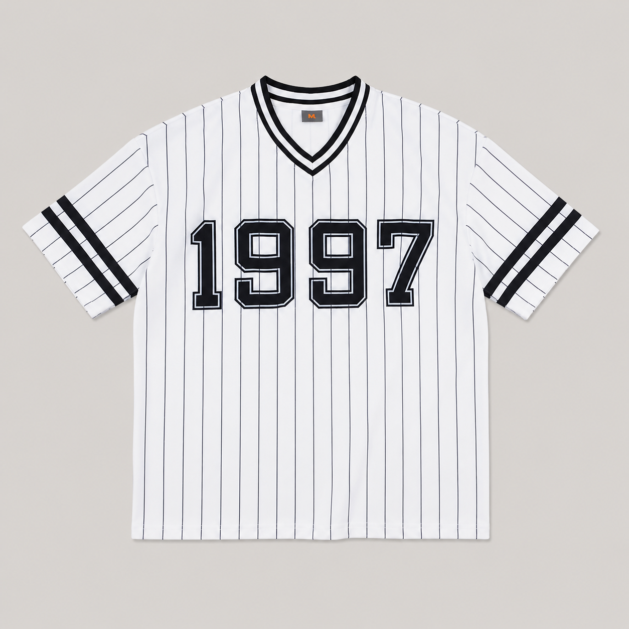 White pinstripe 1997 V-neck T-shirt, product front view