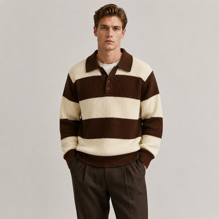 Male model wearing a brown and cream striped rib-knit polo sweater, front view in a professional studio