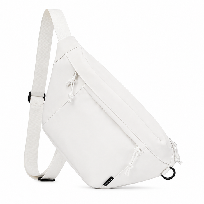 White Tactical Sling Backpack on a white studio background