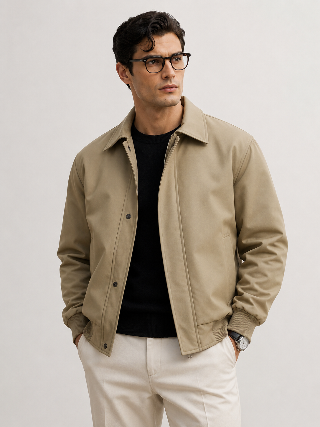 Fashion model wearing tan jacket in a studio