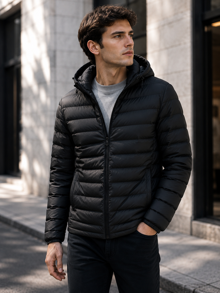 Ultralight hooded puffer jacket black lifestyle ad image on model