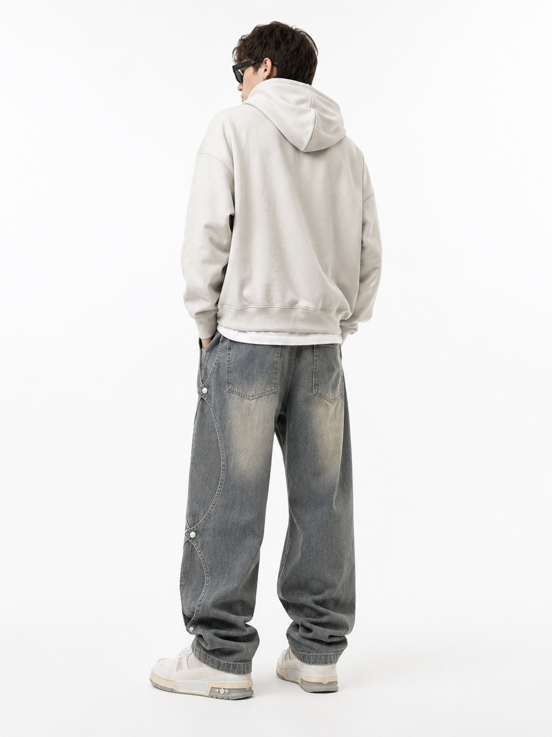 Model wearing gray Utility Cargo Straight-Leg Jeans — back view