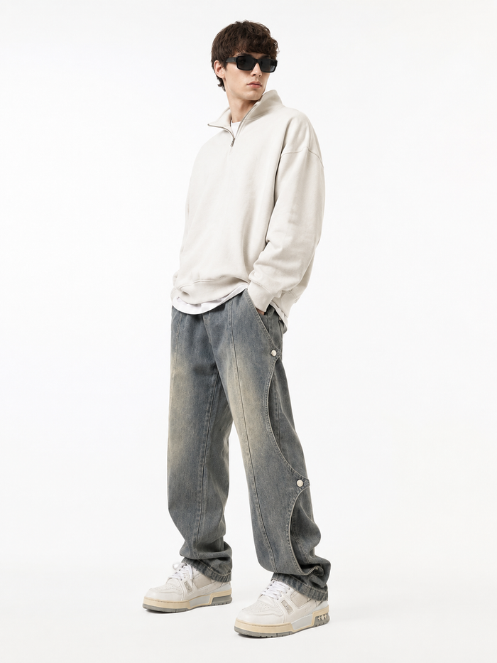Model wearing gray Utility Cargo Straight-Leg Jeans — front view