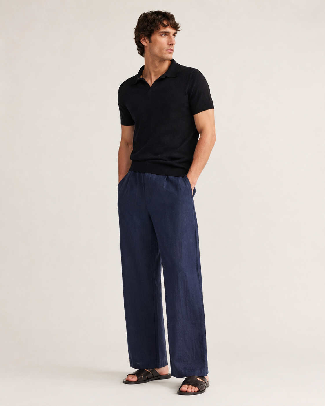 Breathable Wide-Leg Linen Trousers clean catalog image navy trousers