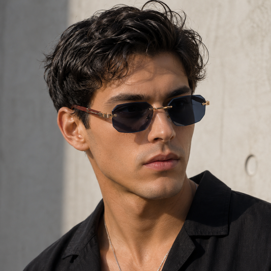 Male model wearing Vector rimless sunglasses with dark blue lenses and gold-tone details