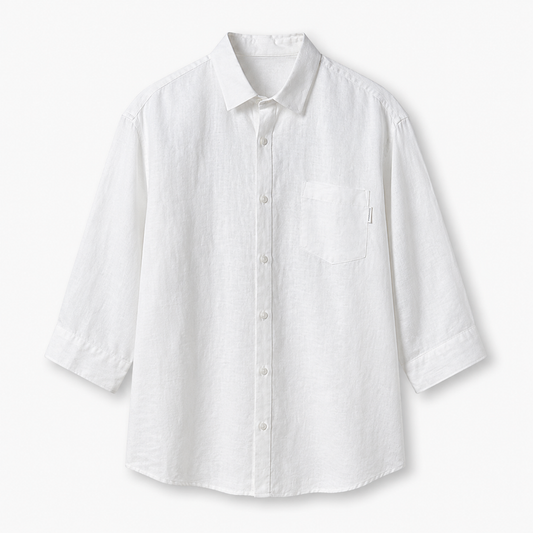 White cotton-linen short-sleeve shirt on a clean background