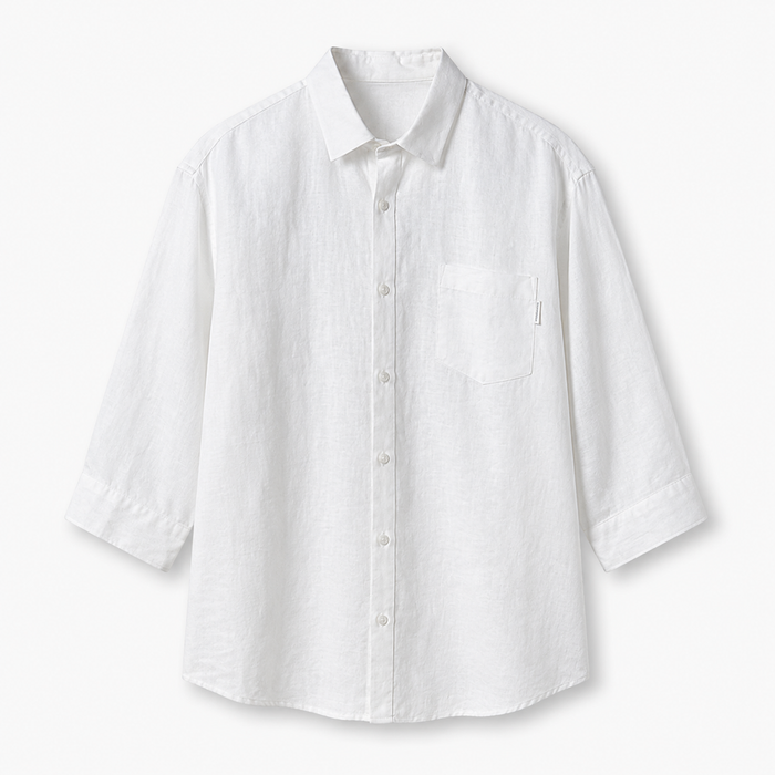 White cotton-linen short-sleeve shirt on a clean background