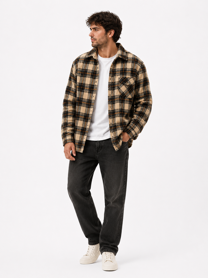 Male model wearing beige plaid Vintage Plaid Fleece-Lined Shirt Jacket on white background