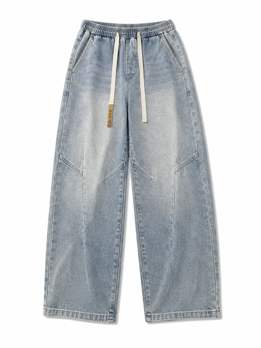 Light blue vintage-washed loose straight-leg jeans, front product view on white background