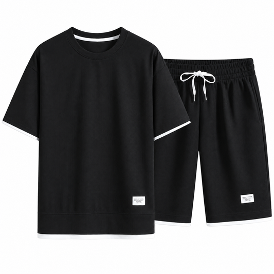 Black waffle-knit oversized T-shirt and shorts set on a white background