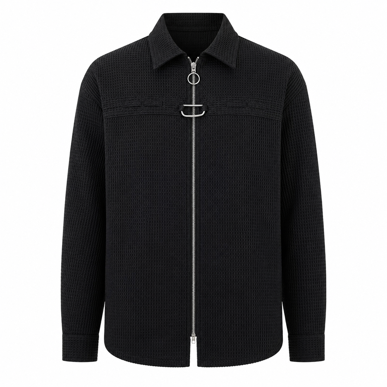 Black waffle-knit zip shirt jacket product-only front view on white background