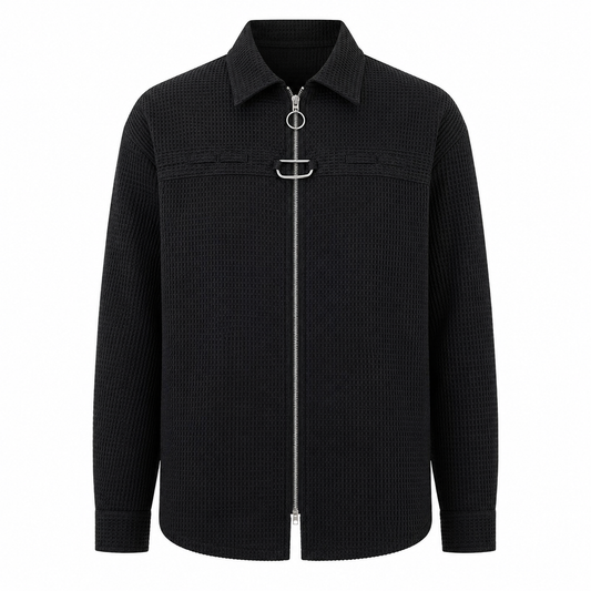 Black waffle-knit zip shirt jacket product-only front view on white background