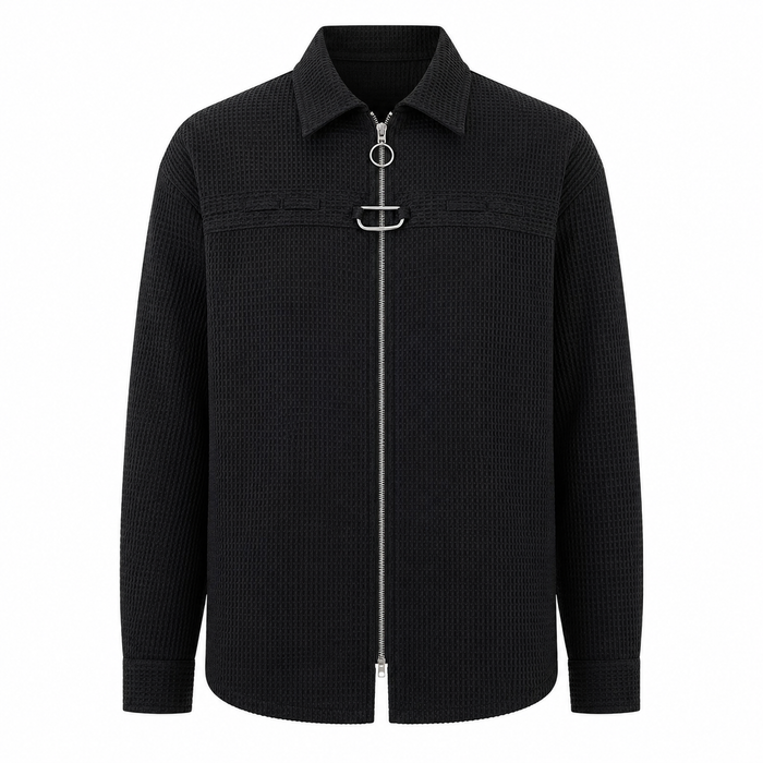Black waffle-knit zip shirt jacket product-only front view on white background