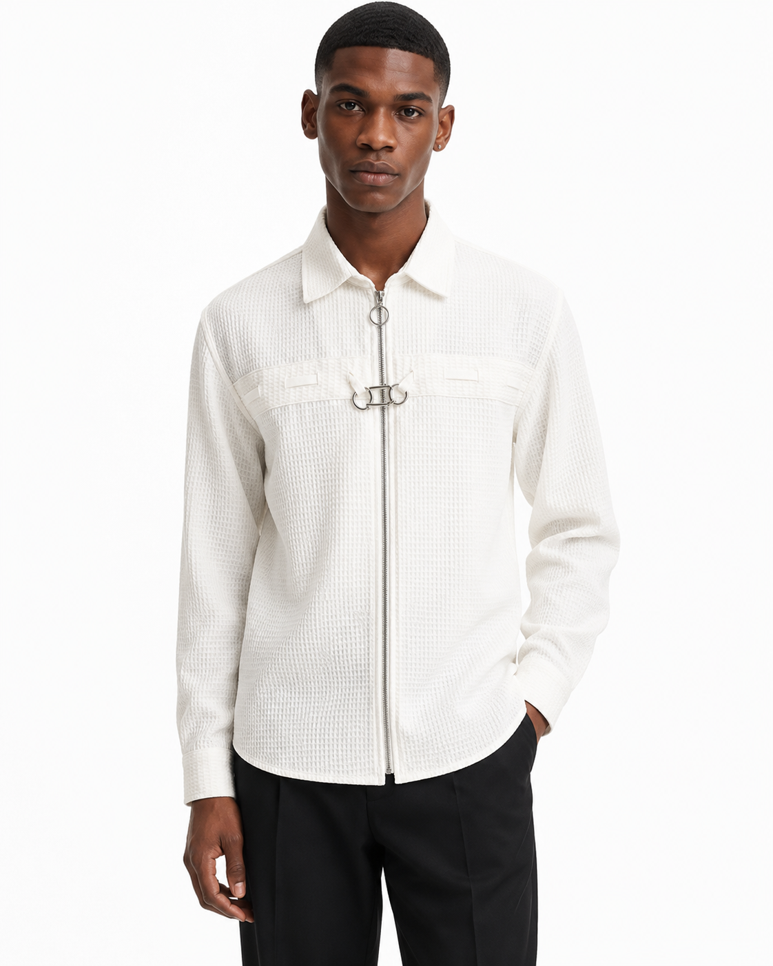 Black male model wearing white waffle-knit zip shirt jacket, front view on white background