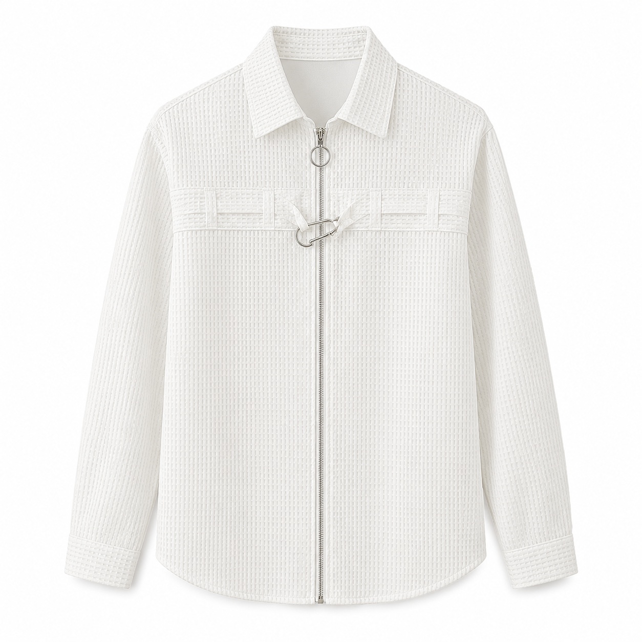White waffle-knit zip shirt jacket product-only on white background