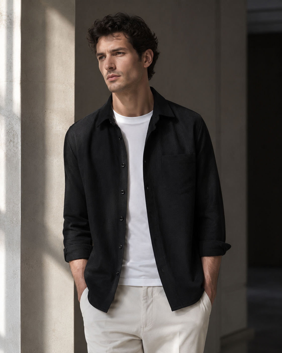 Male model wearing black waffle-texture long-sleeve overshirt