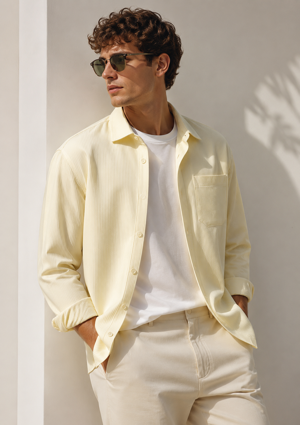 Male model wearing cream waffle-texture long-sleeve overshirt
