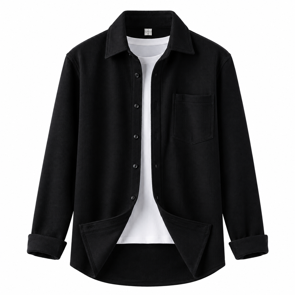 Black waffle-texture long-sleeve overshirt product-only on white background