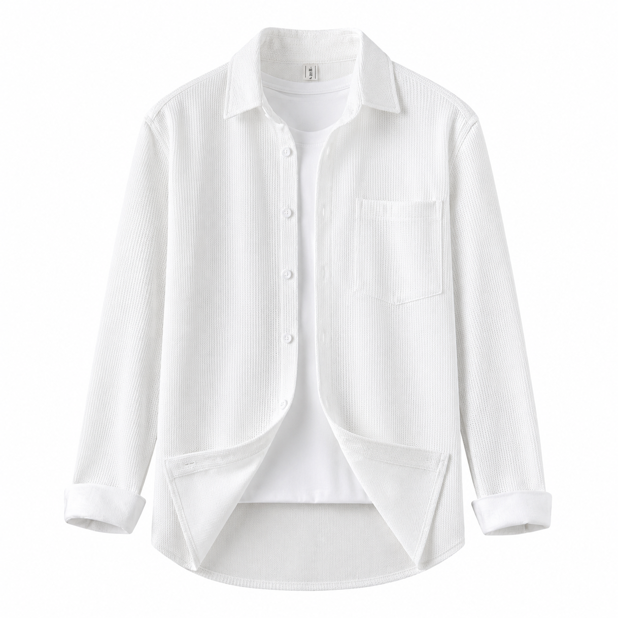 White waffle-texture long-sleeve overshirt product-only on white background