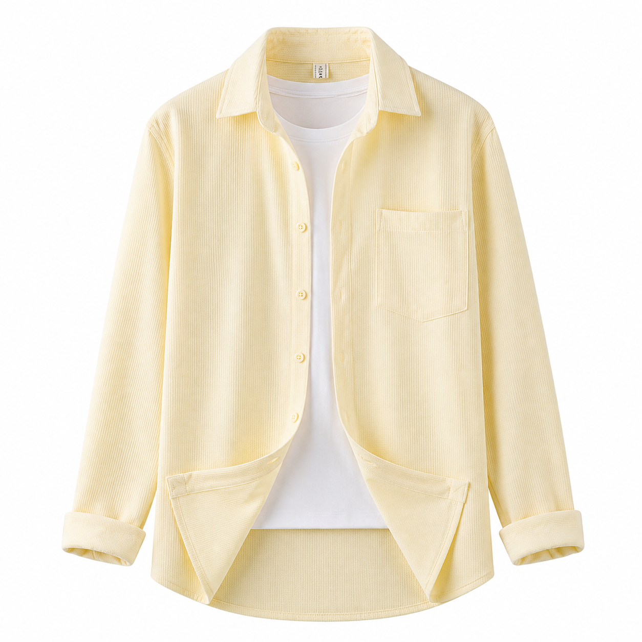 Light yellow waffle-texture long-sleeve overshirt product-only on white background