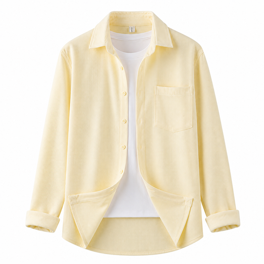 Light yellow waffle-texture long-sleeve overshirt product-only on white background