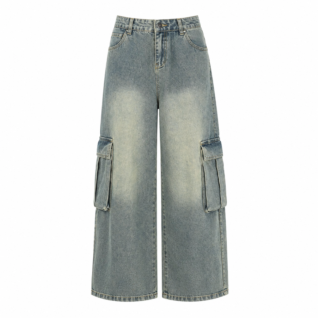 Washed blue wide-leg cargo jeans product-only on white background