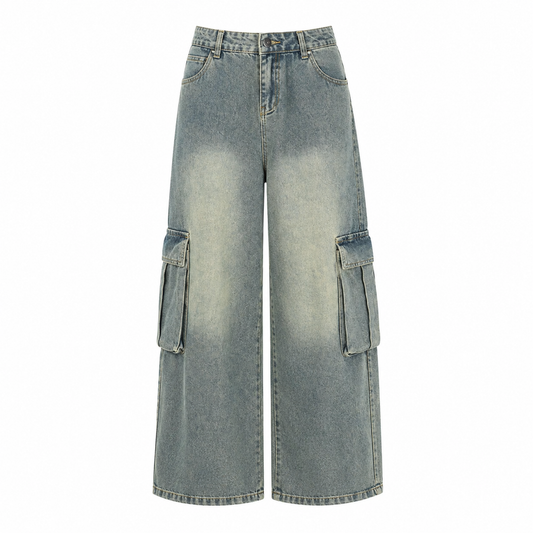 Washed blue wide-leg cargo jeans product-only on white background