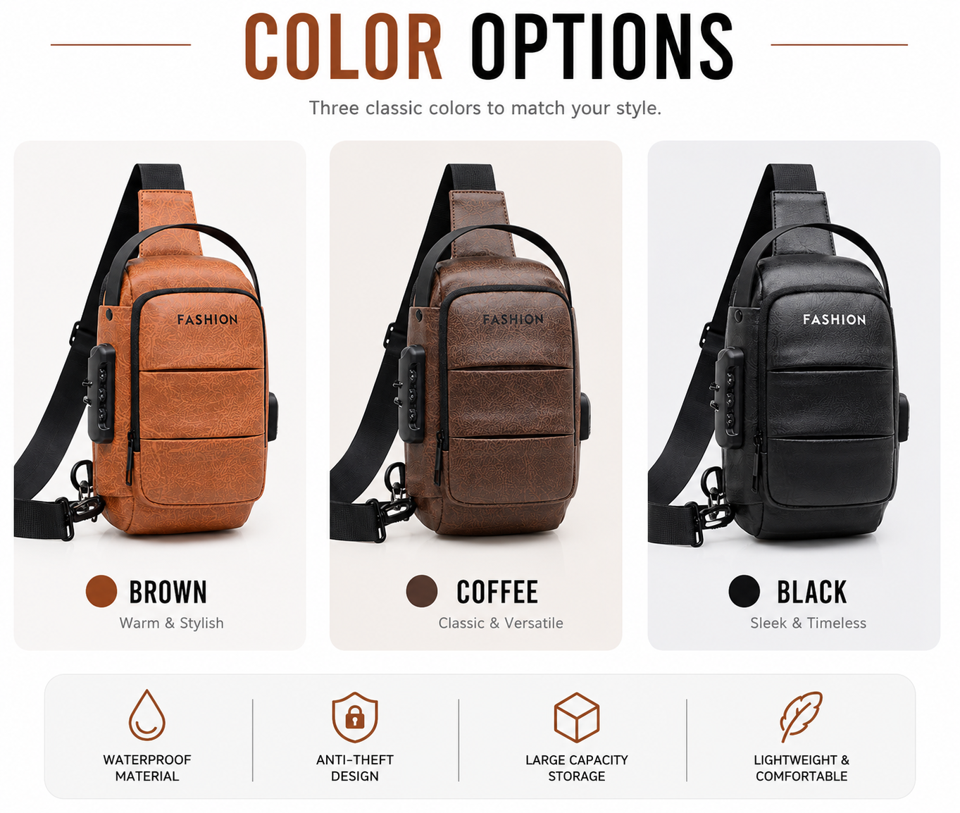 Waterproof Anti-Theft Crossbody Bag color options infographic in English