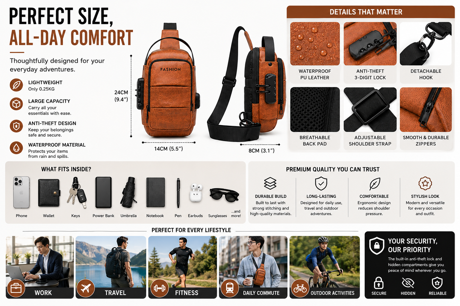 Waterproof Anti-Theft Crossbody Bag perfect size and all-day comfort infographic in English