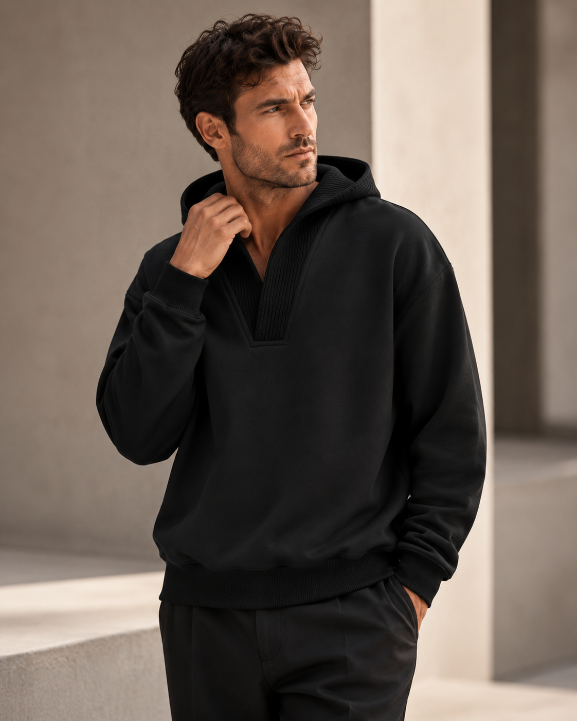 Male model wearing black Wool-Panel Hooded Sweatshirt