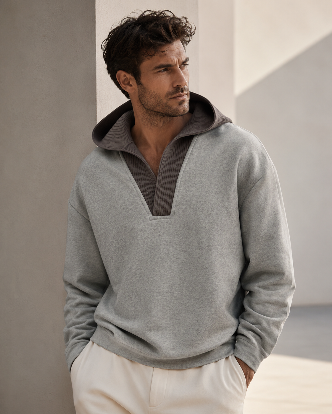 Male model wearing grey Wool-Panel Hooded Sweatshirt