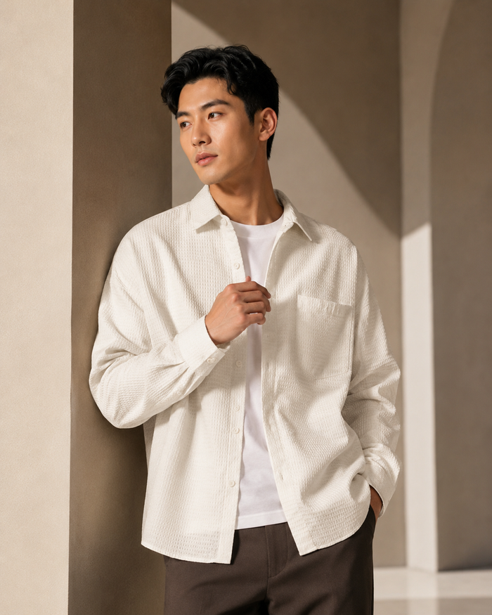 Wrinkle-Resistant Long-Sleeve Shirt cream model ad image different pose